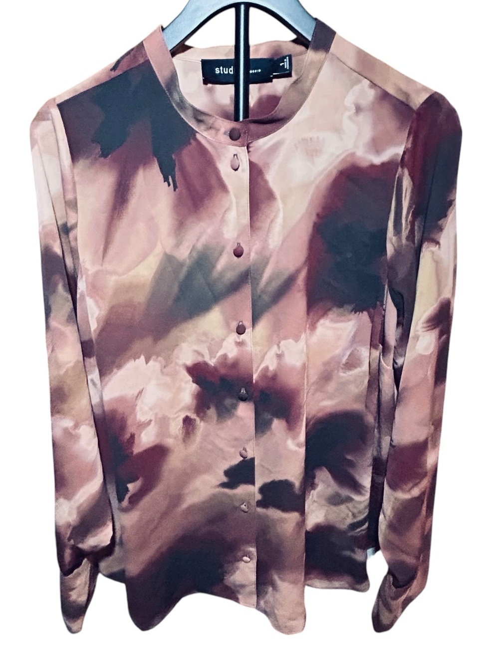 Studio Pink & Brown Watercolor Satin Button-Front Blouse